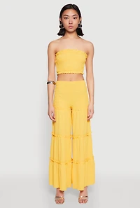 Womens Tiered Ruffle Palazzo Pants, Yellow, Size L