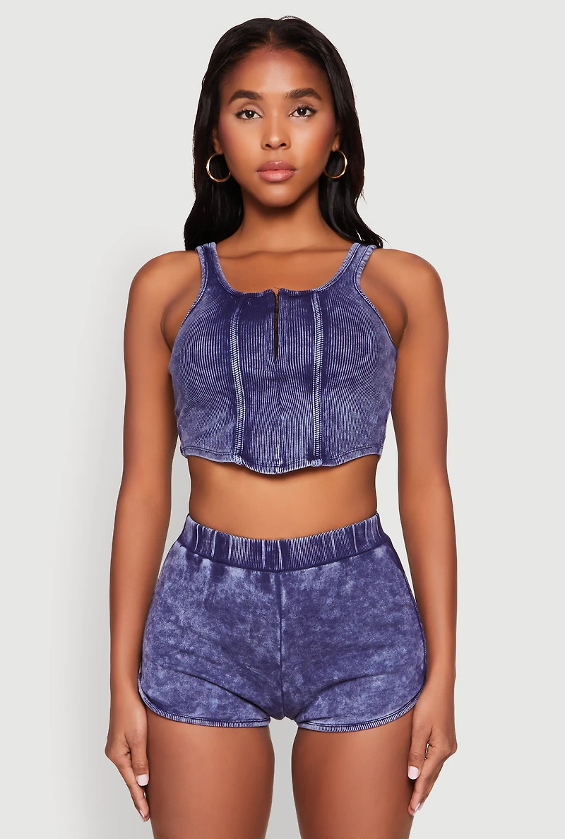 Womens Cropped Mineral Wash Corset Top, Blue, Size L