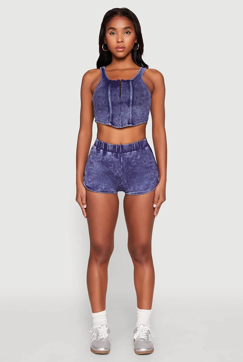 Womens Cropped Mineral Wash Corset Top, Blue, Size L