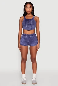 Womens Cropped Mineral Wash Corset Top, Blue, Size L