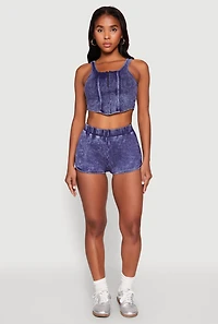 Womens Cropped Mineral Wash Corset Top, Blue, Size L