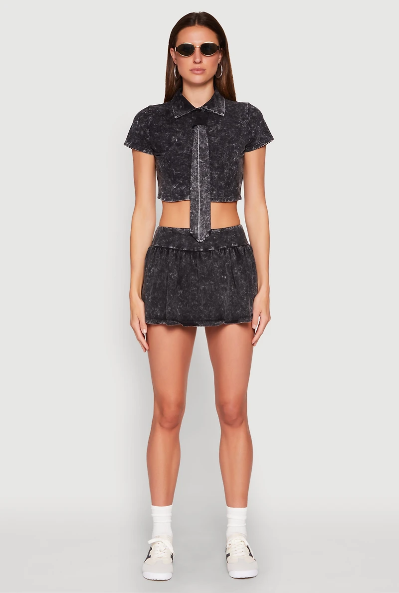 Mineral Wash Crop Top with Necktie