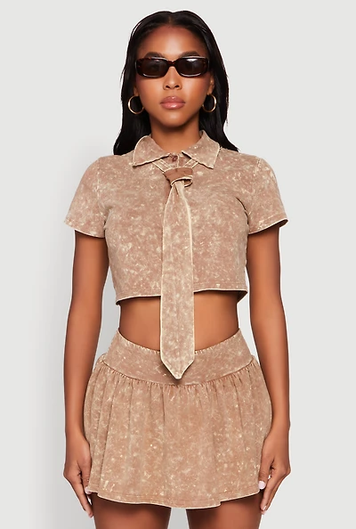 Womens Mineral Wash Crop Top with Necktie,