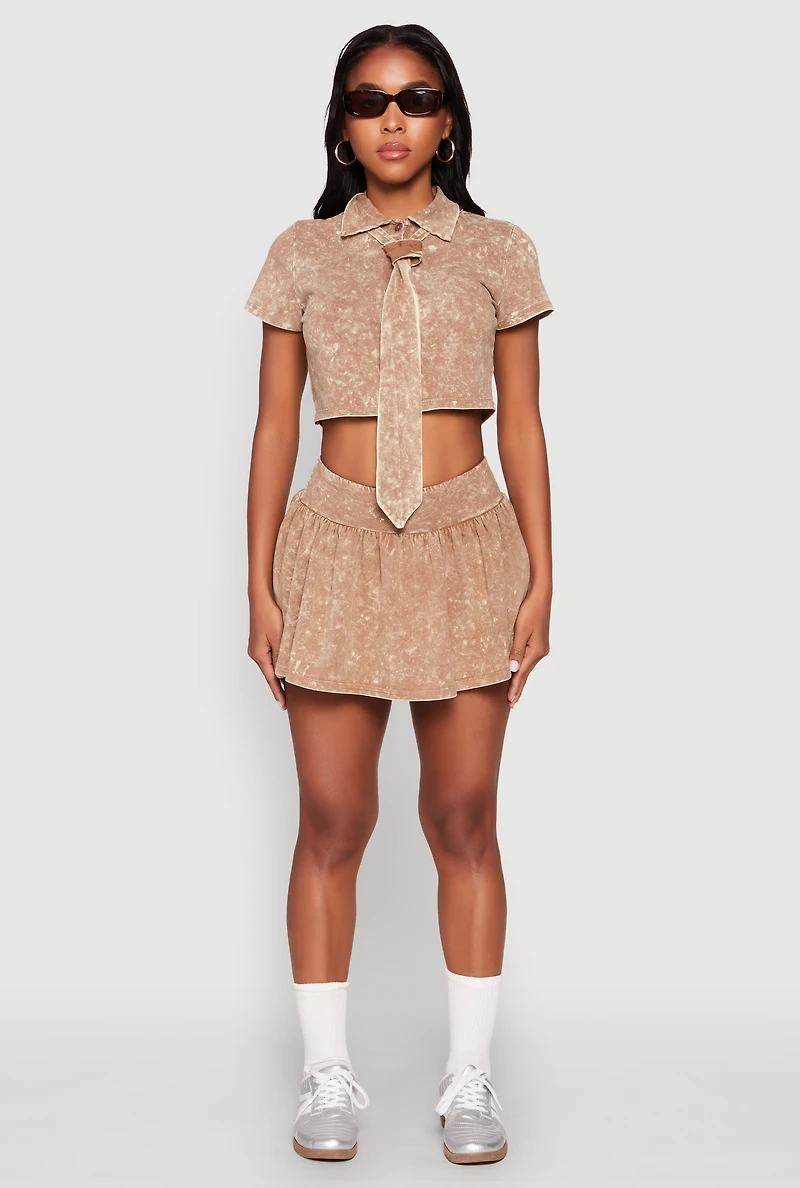 Womens Mineral Wash Crop Top with Necktie,