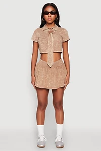 Womens Mineral Wash Crop Top with Necktie,