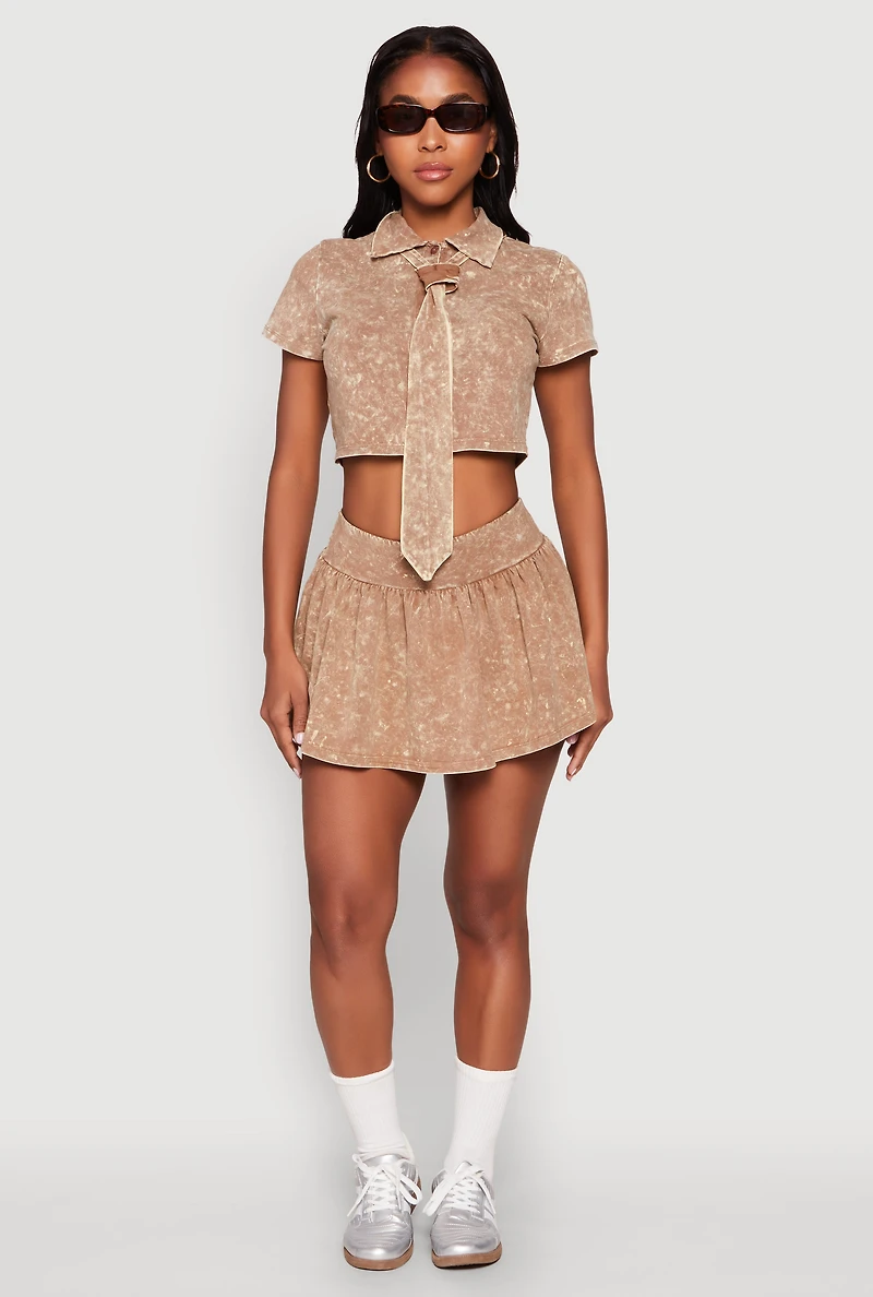 Womens Mineral Wash Crop Top with Necktie,