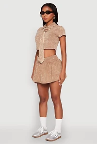 Womens Mineral Wash Crop Top with Necktie, L