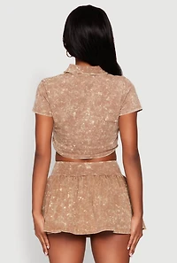 Womens Mineral Wash Crop Top with Necktie,