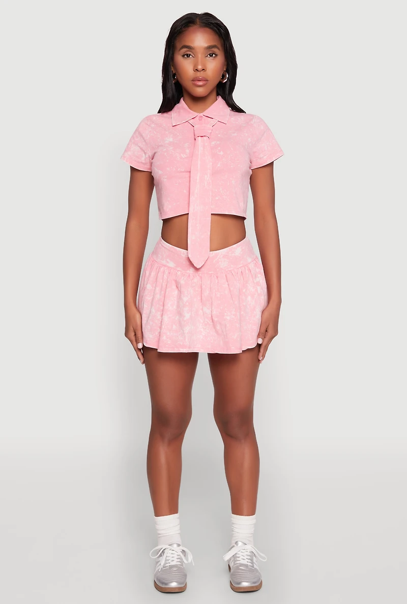Womens Mineral Wash Crop Top with Necktie, Pink, Size M
