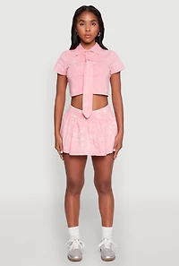 Womens Mineral Wash Crop Top with Necktie, Pink, Size M