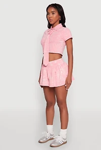 Womens Mineral Wash Crop Top with Necktie, Pink, Size M