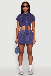 Womens Mineral Wash Crop Top with Necktie, Blue, Size L