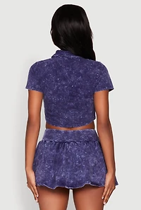 Womens Mineral Wash Crop Top with Necktie, Blue, Size XL