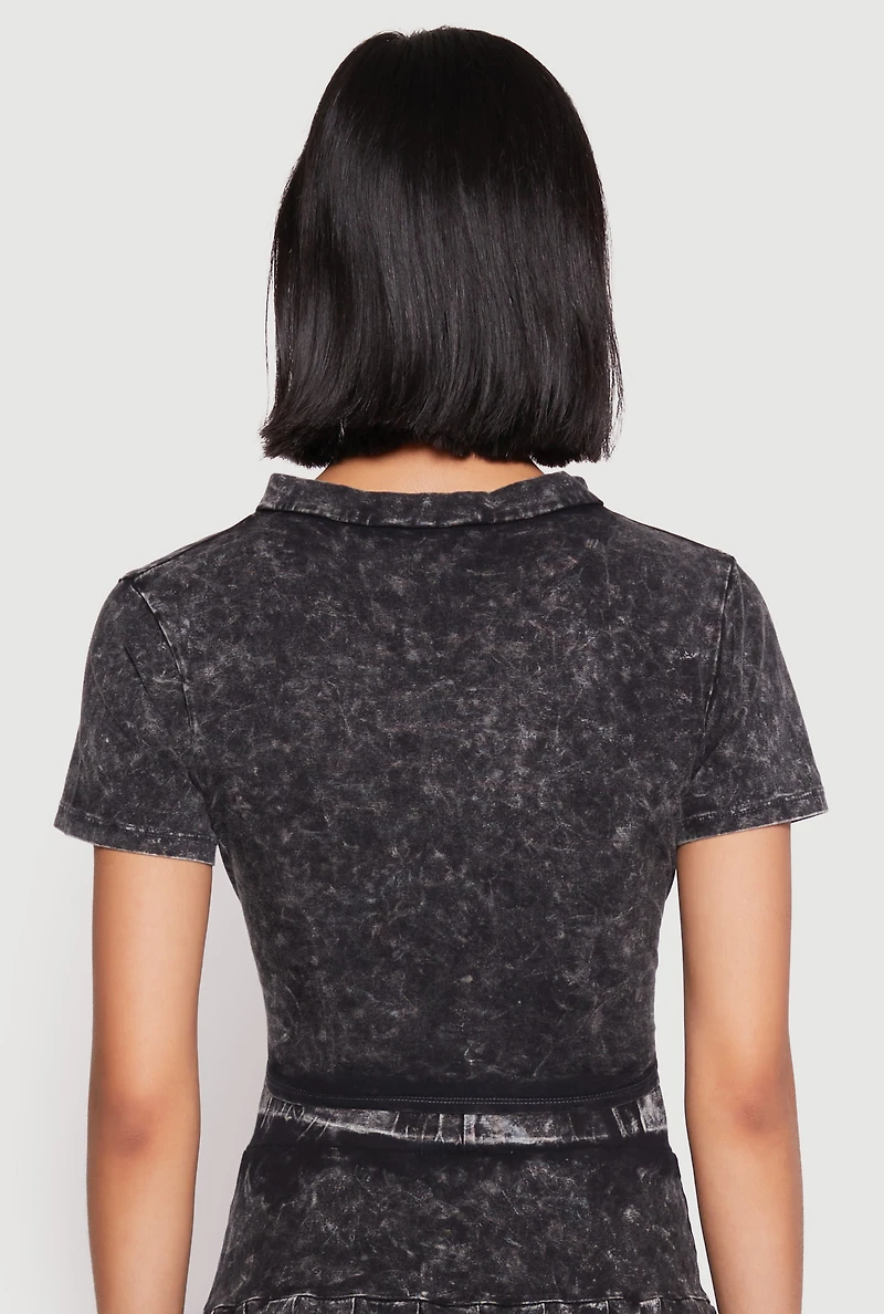 Womens Mineral Wash Tie Front Crop Top, Grey,