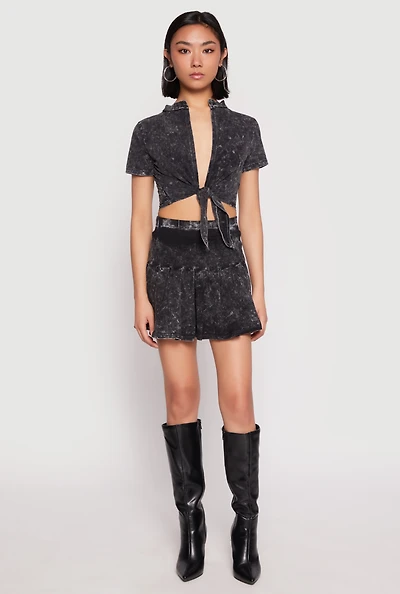 Womens Mineral Wash Mini Pleated Skirt, Black, Size L