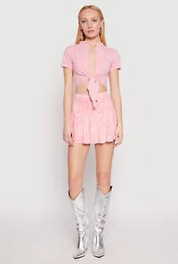 Womens Mineral Wash Mini Pleated Skirt, Pink, Size M