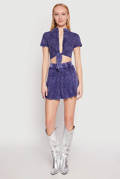 Womens Mineral Wash Mini Pleated Skirt,