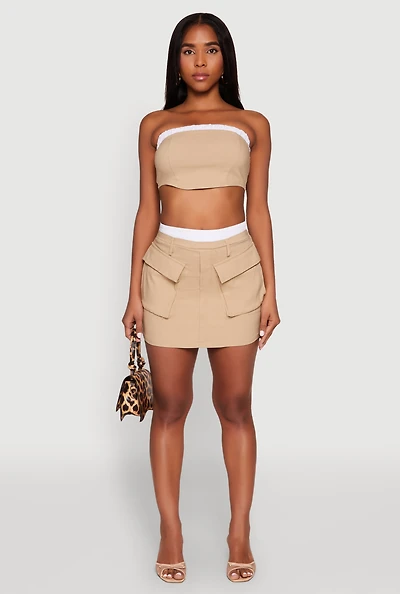 Womens Contrast Waistband Cargo Pocket Skort, Khaki, Size L