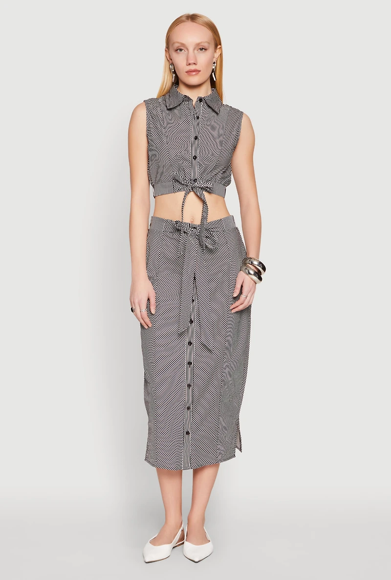 Womens Striped Tie Front Midi Skirt,