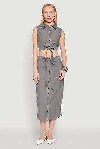 Womens Striped Tie Front Midi Skirt,