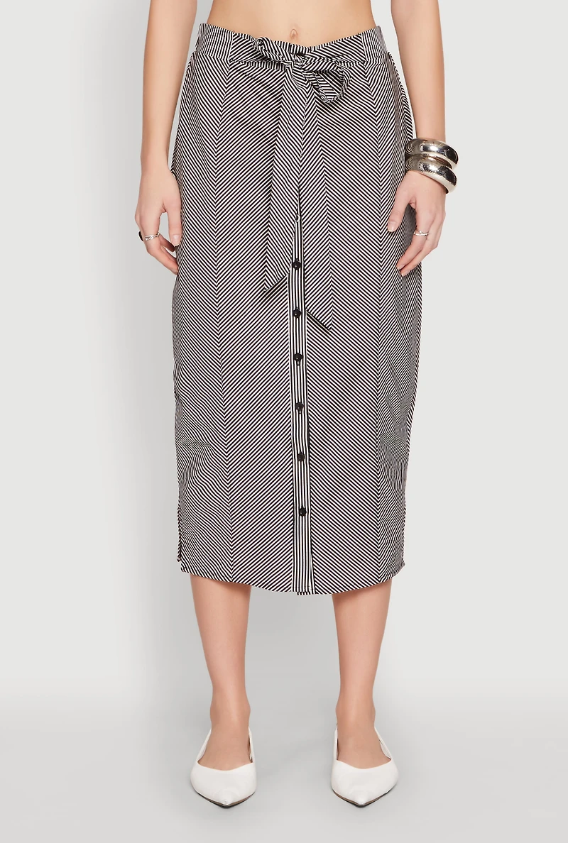 Womens Striped Tie Front Midi Skirt,