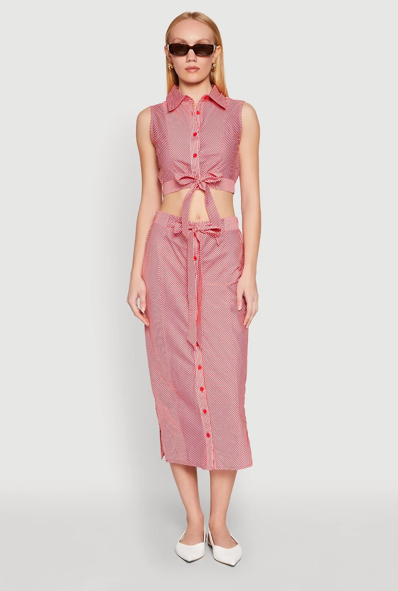 Womens Striped Tie Front Midi Skirt, Red, Size S