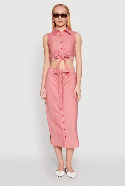 Womens Striped Tie Front Midi Skirt, Red, Size S