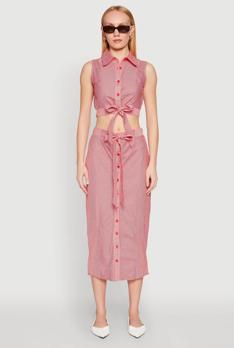 Womens Striped Tie Front Midi Skirt, Red, Size S