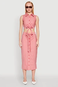 Womens Striped Tie Front Midi Skirt, Red, Size S