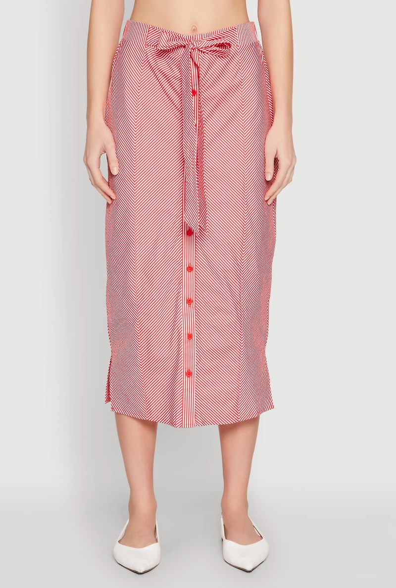 Womens Striped Tie Front Midi Skirt, Red, Size S
