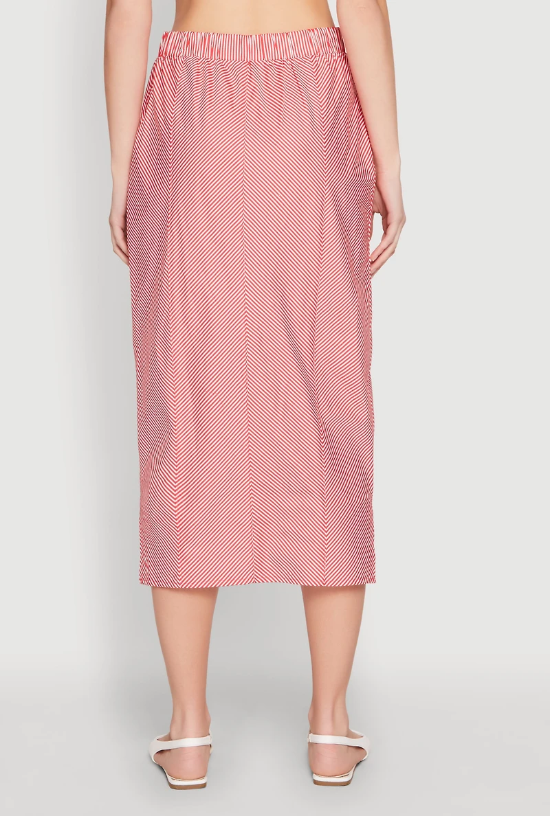 Womens Striped Tie Front Midi Skirt, Red, Size S