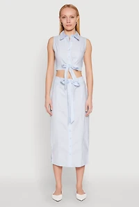 Womens Striped Tie Front Midi Skirt, Blue, Size L