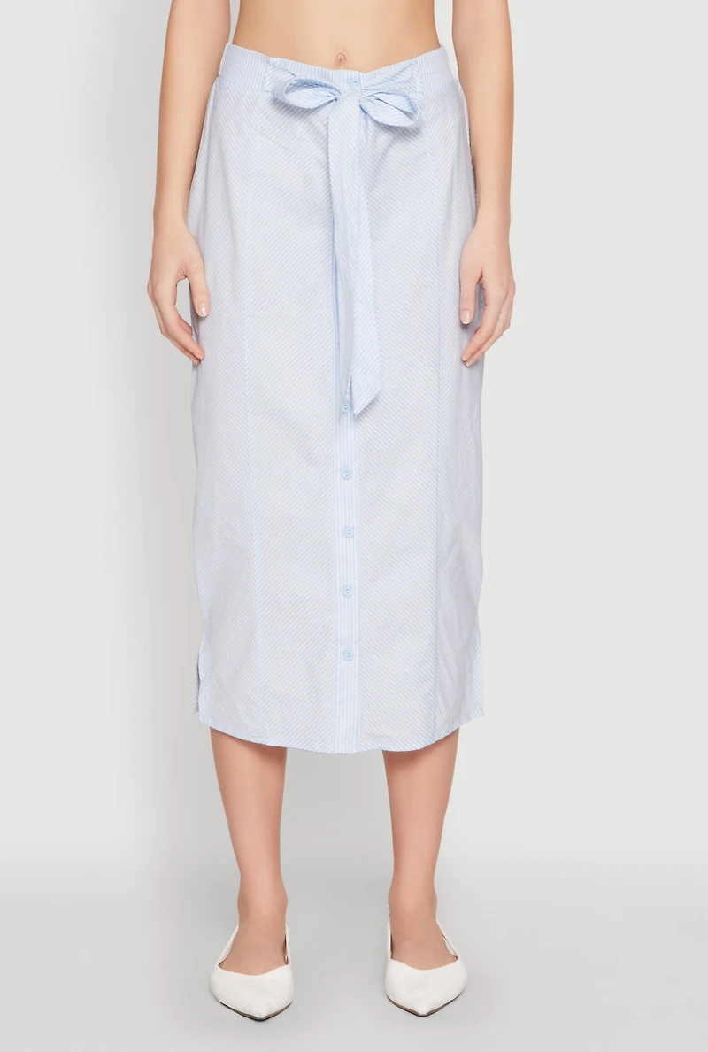 Womens Striped Tie Front Midi Skirt, Blue, Size L