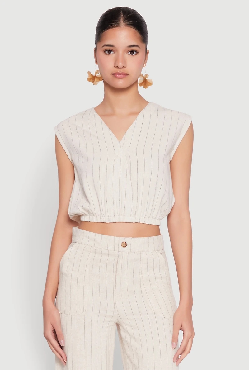 Womens Cap Sleeve Faux Wrap Crop Top, Beige,