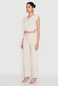 Womens Cap Sleeve Faux Wrap Crop Top, Beige,