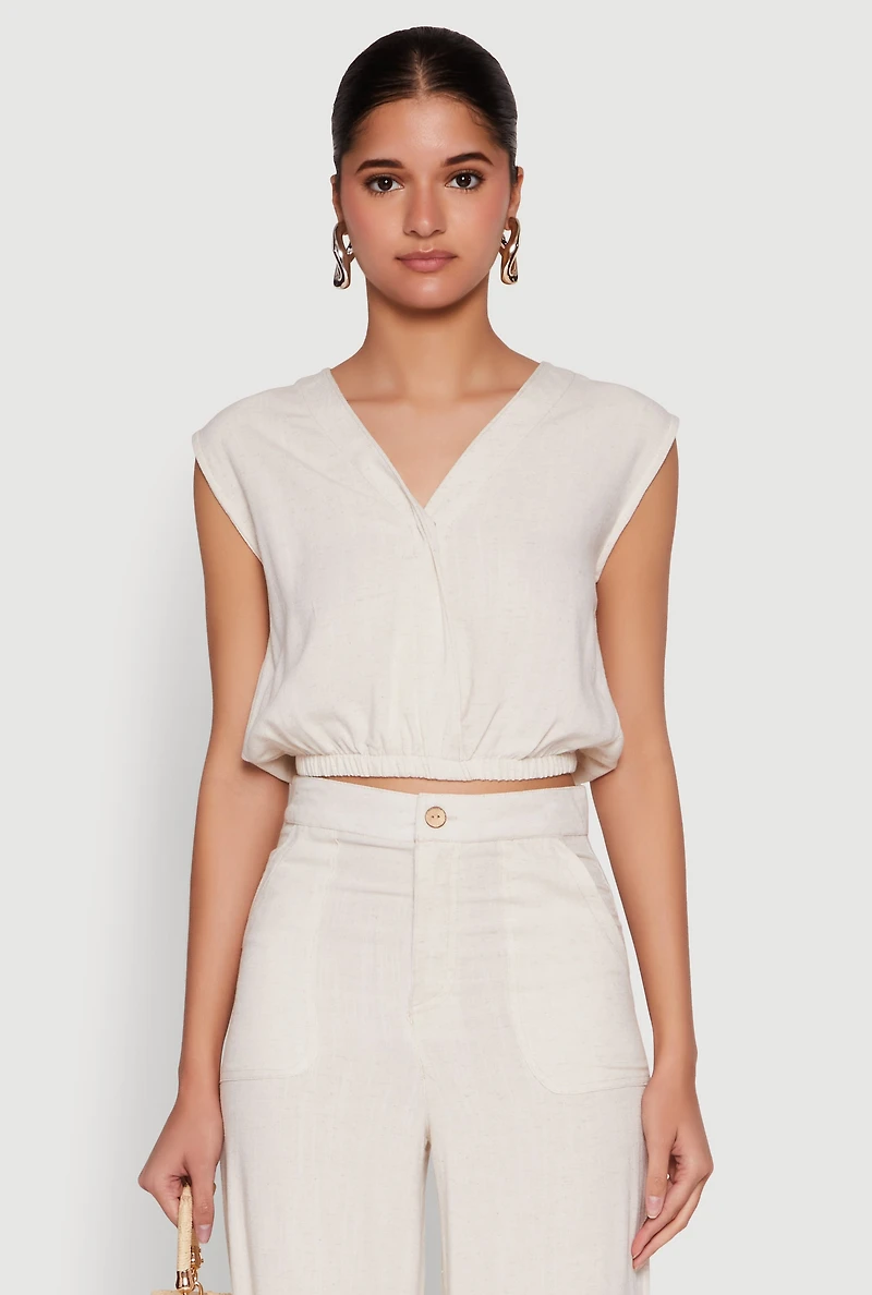 Womens Cap Sleeve Faux Wrap Crop Top, Beige, Size M
