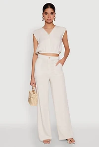 Womens Cap Sleeve Faux Wrap Crop Top, Beige, Size M