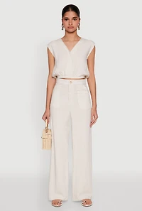 Womens Cap Sleeve Faux Wrap Crop Top, Beige,