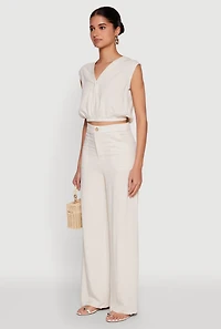 Womens Cap Sleeve Faux Wrap Crop Top, Beige, Size M