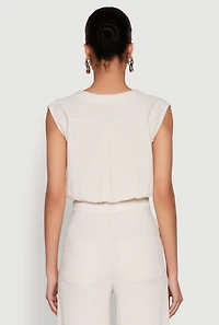 Womens Cap Sleeve Faux Wrap Crop Top, Beige, Size M