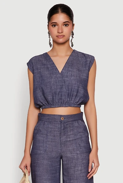 Womens Cap Sleeve Faux Wrap Crop Top, Blue, Size XL