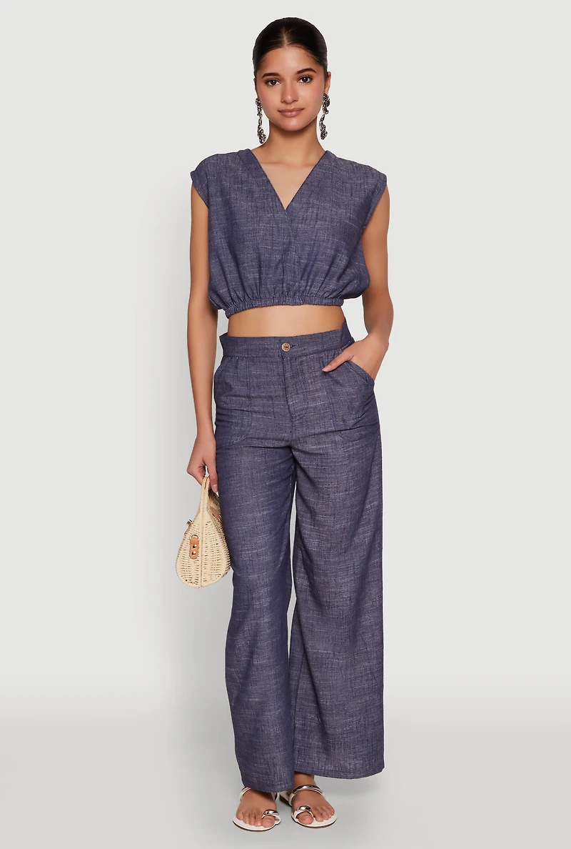 Womens Cap Sleeve Faux Wrap Crop Top, Blue, Size XL