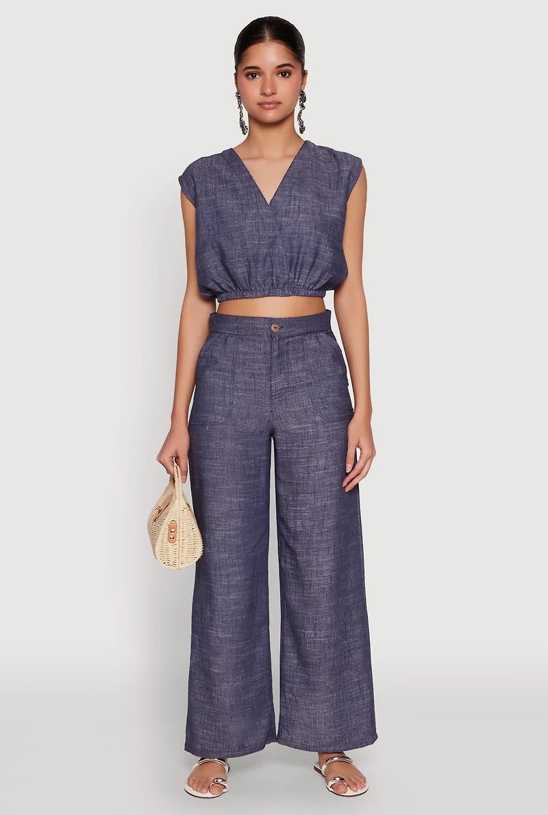 Womens Cap Sleeve Faux Wrap Crop Top, Blue, Size XL