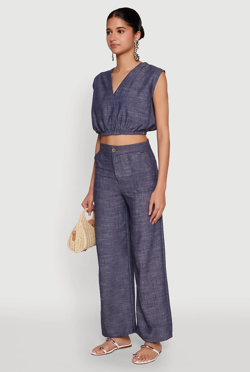 Womens Cap Sleeve Faux Wrap Crop Top, Blue, Size XL