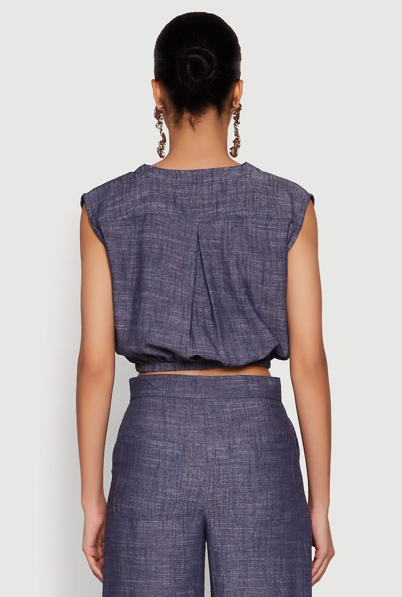 Womens Cap Sleeve Faux Wrap Crop Top, Blue, Size XL