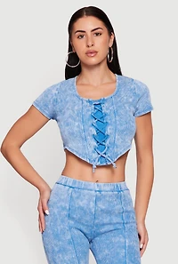Acid Wash Ribbed Lace Up Front Crop Top