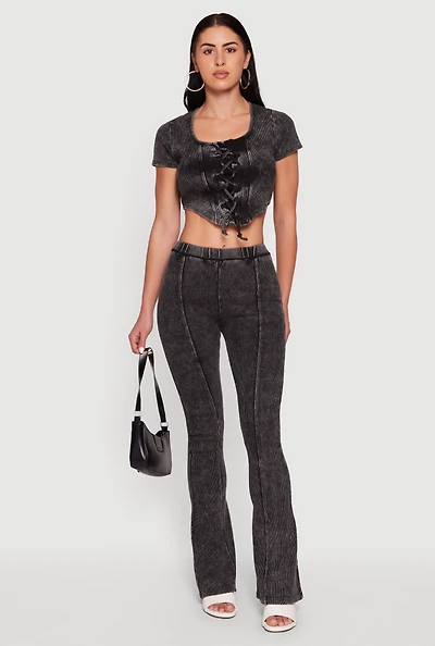 High Waisted Compression Rib Acid Wash Flare Pants