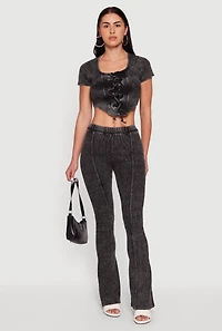 High Waisted Compression Rib Acid Wash Flare Pants