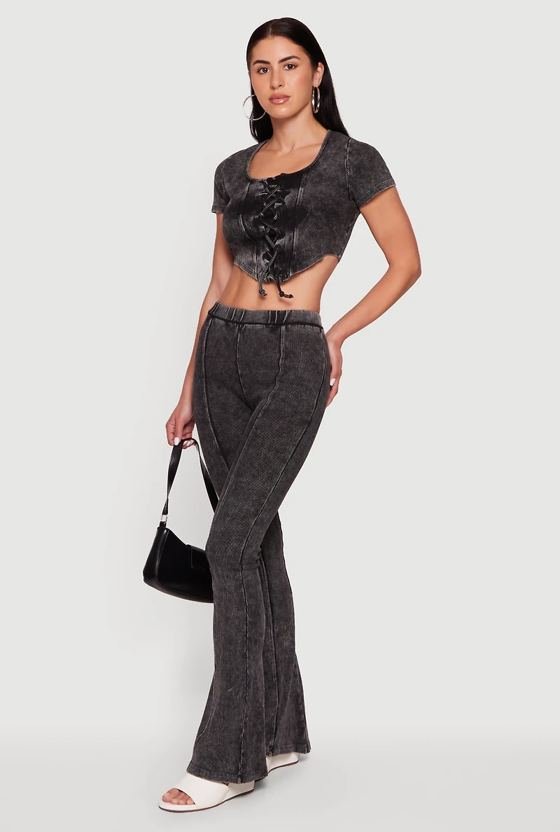 High Waisted Compression Rib Acid Wash Flare Pants