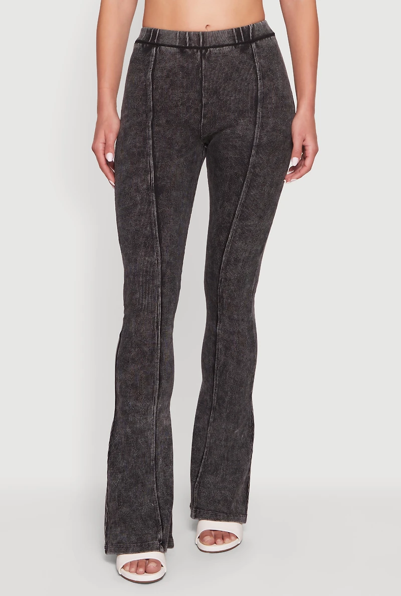 High Waisted Compression Rib Acid Wash Flare Pants